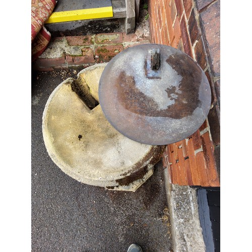 301 - Stone effect concrete sundial 114 heigh , bronze dial approx 14 cm heigh, diameter base 40cm top 34c... 