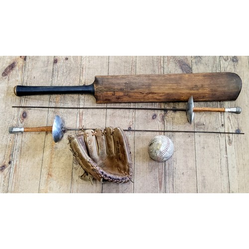 250A - Sporting - an early 20th century cricket bat; fencing foils and a hide little league baseball glove ... 