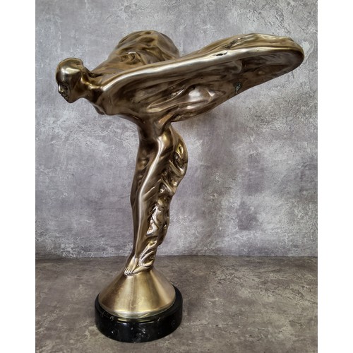 251A - A large silver plated solid cast metal sculpture of The Spirit of Ecstasy, raised a round marble pli... 