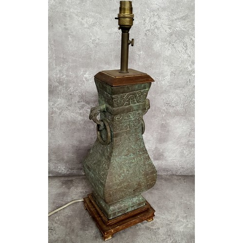 6 - A substantial Chinese archaic bronze temple vase converted to lamp base, 54cm high