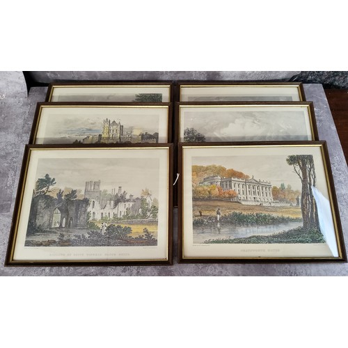 35 - Six 19th century hand tinted lithographs of Derbyshire estates including Chatsworth House, Hardwick ... 