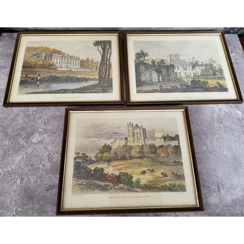 35 - Six 19th century hand tinted lithographs of Derbyshire estates including Chatsworth House, Hardwick ... 