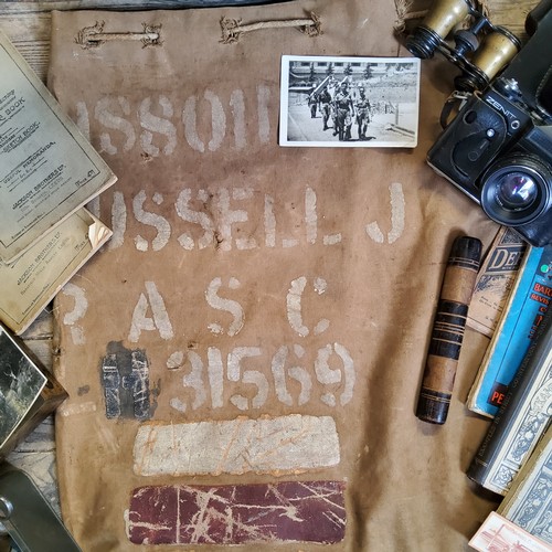 55 - A WWI military canvas bag; coinage;vintage cameras, OXO advertising tin; etc qty