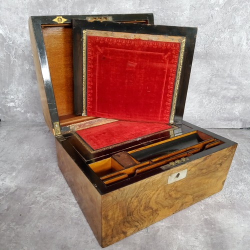 67 - A Victorian burr walnut workbox with vacant mother of pearl cartouche, silk velvet interior 31cm w x... 