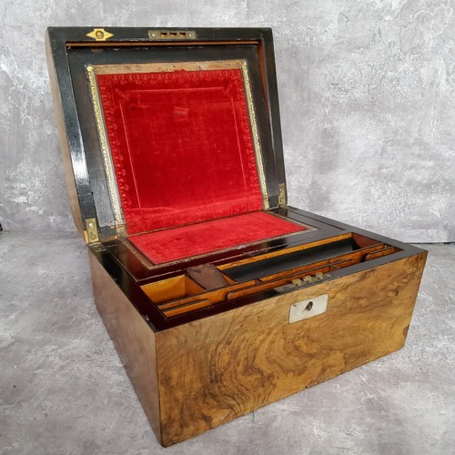 67 - A Victorian burr walnut workbox with vacant mother of pearl cartouche, silk velvet interior 31cm w x... 