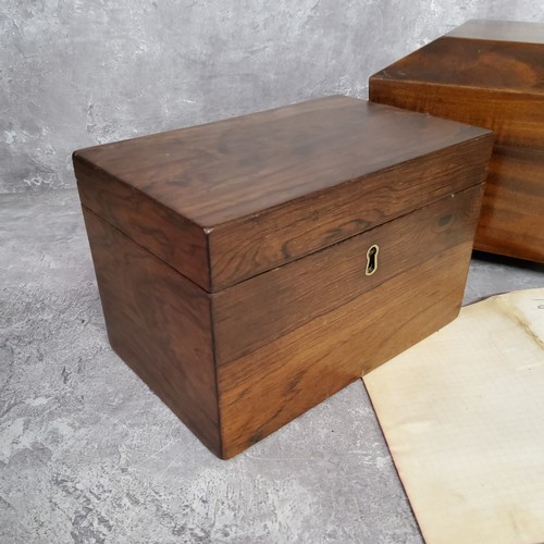 73 - A Regency rosewood tea caddy c.1820; a George III walnut sarcophagus shaped tea caddy raised in bun ... 