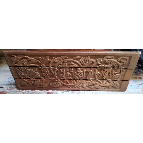 98 - Tribal Art - Substantial tribal temple panel carved in three sections carved stylised flora and faun... 