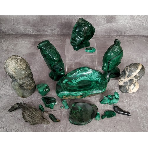 108 - Various malachite carvings including a one piece ashtray, African busts, tree frog, birds,etc; other... 