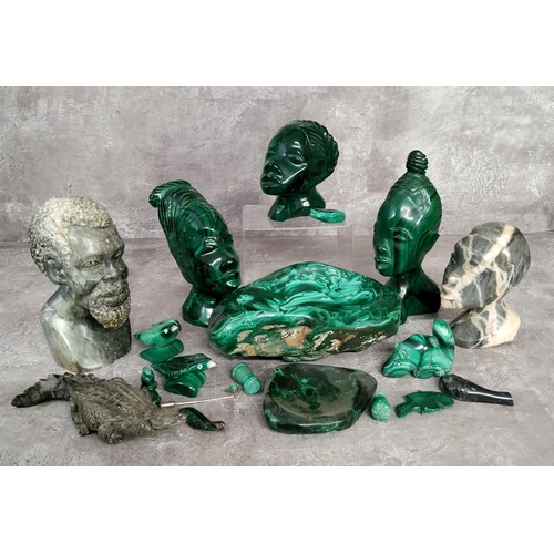 108 - Various malachite carvings including a one piece ashtray, African busts, tree frog, birds,etc; other... 