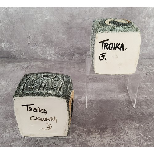 121 - A pair of Troika Pottery marmalade pots decorated by Linda Hazel with incised and painted abstract d... 