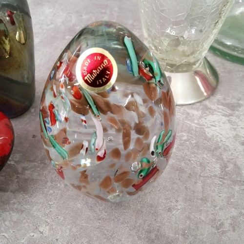 132 - Decorative Glass - a Nick Munro stainless steel and crackle glass pitcher; Murano dump paperweight, ... 