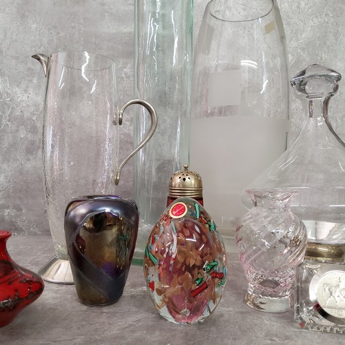 132 - Decorative Glass - a Nick Munro stainless steel and crackle glass pitcher; Murano dump paperweight, ... 