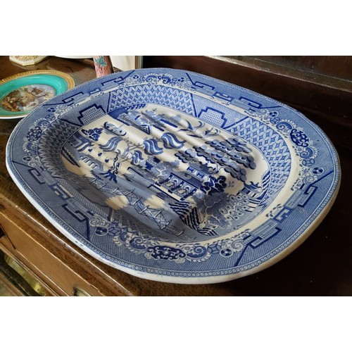 136 - A large Victorian blue and white Real Old Willow pattern meat plate; Leeds creamware coral basket; N... 