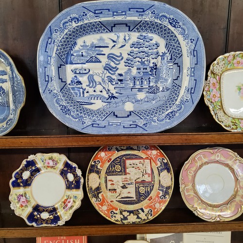 136 - A large Victorian blue and white Real Old Willow pattern meat plate; Leeds creamware coral basket; N... 