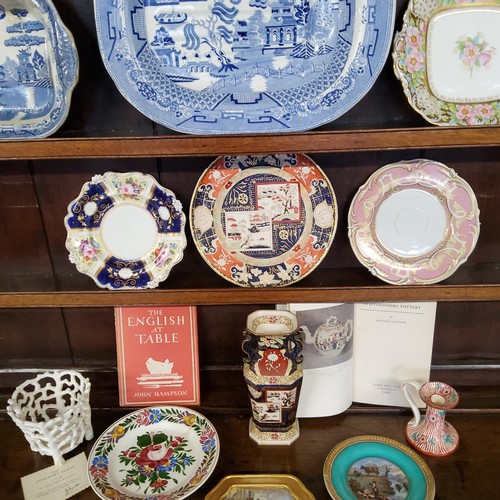 136 - A large Victorian blue and white Real Old Willow pattern meat plate; Leeds creamware coral basket; N... 