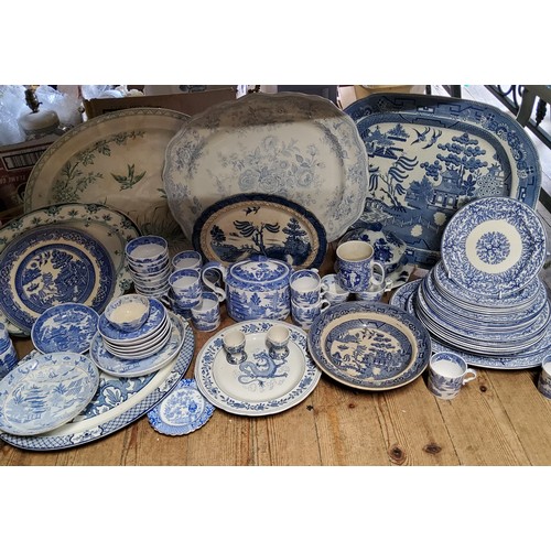 147 - Blue & White Ceramics - three substantial Victorian meat plates, including a Real Old Willow pat... 