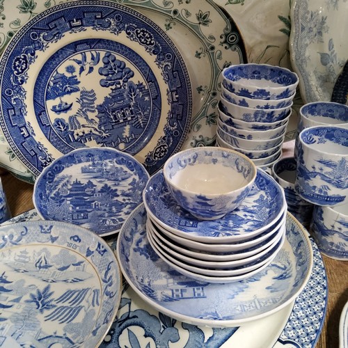 147 - Blue & White Ceramics - three substantial Victorian meat plates, including a Real Old Willow pat... 