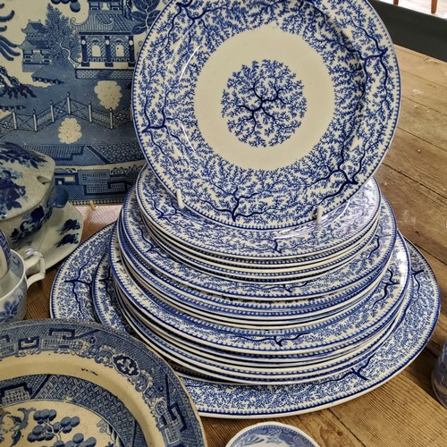 147 - Blue & White Ceramics - three substantial Victorian meat plates, including a Real Old Willow pat... 