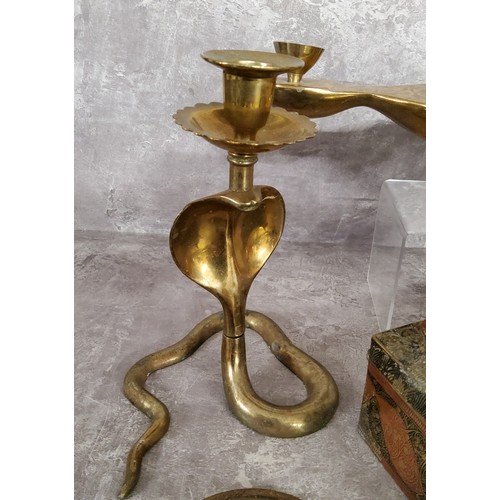 153 - Metalware - a pair of Middle Eastern brass candlesticks in the form of King cobra snakes; oil lamp, ... 