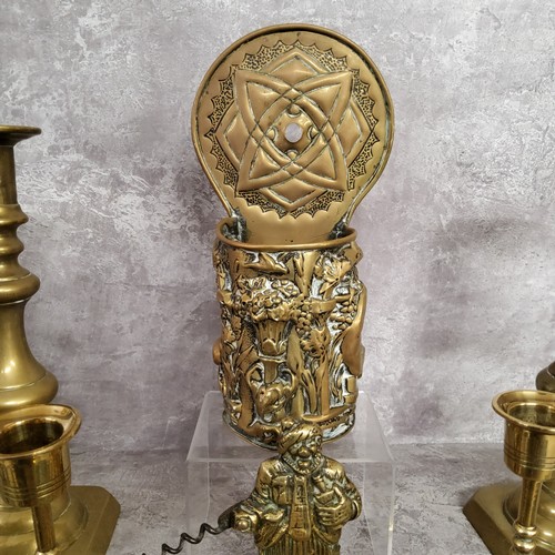 154 - A pair of 19th century brass candlesticks the bases in the form of butterflies; a pair brass ejector... 