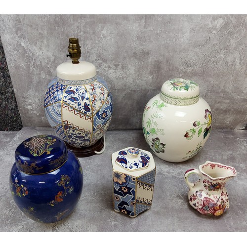 161 - Masons including a Applique pattern table lamp on wooden plinth and hexagonal shaped jar & cover... 