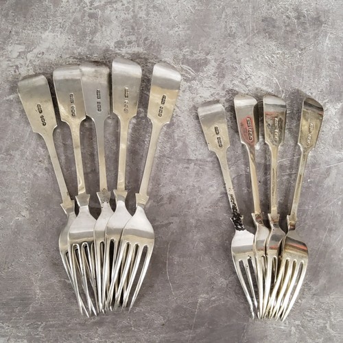 197 - Five Victorian Fiddle pattern dinner and four dessert forks, monogrammed James Dixon & Sons, She... 