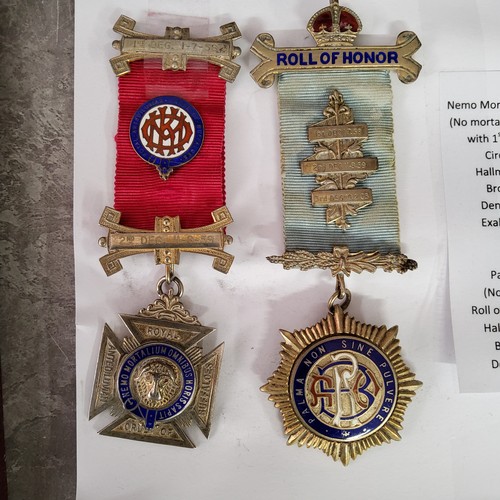 211 - Freemasonry - four silver and silver gilt masonic jewels on ribbons circa 1950/60's with regalia sat... 