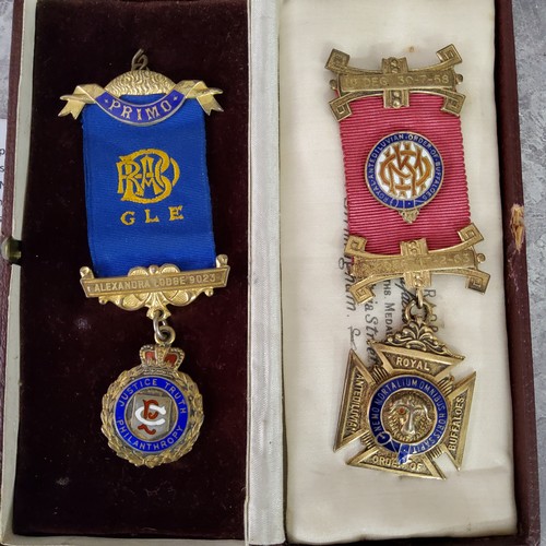 211 - Freemasonry - four silver and silver gilt masonic jewels on ribbons circa 1950/60's with regalia sat... 