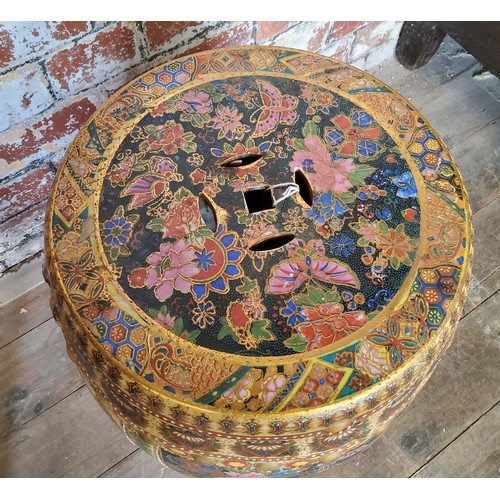 95A - A Japanese satsuma garden seat decorated with samurai warriors and gold geometric borders.Height 46c... 