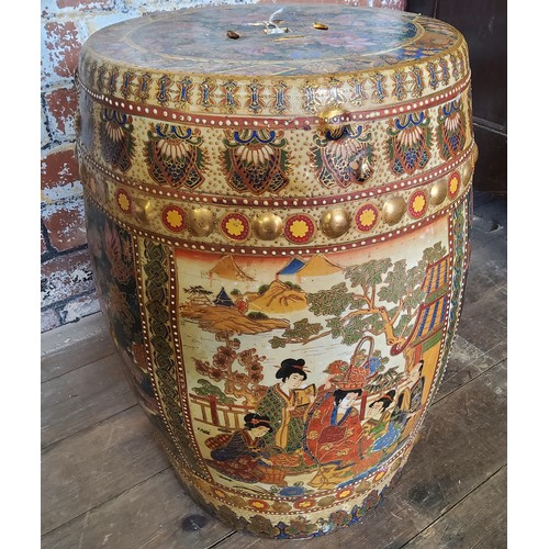 95A - A Japanese satsuma garden seat decorated with samurai warriors and gold geometric borders.Height 46c... 