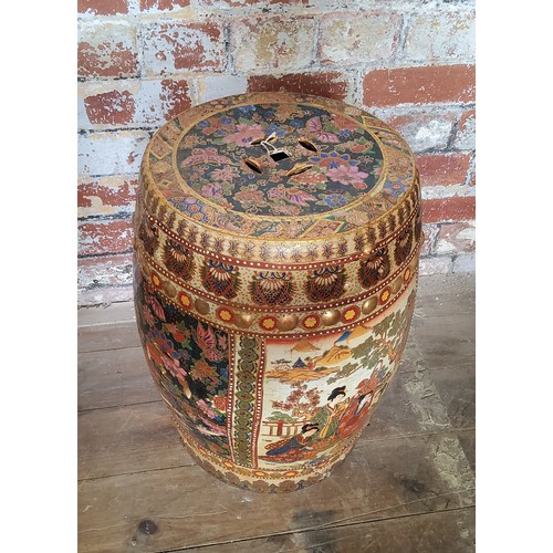 95A - A Japanese satsuma garden seat decorated with samurai warriors and gold geometric borders.Height 46c... 