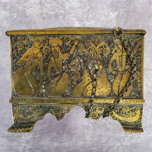 78 - A 19th century Persian casket, profusely chased with mythical beasts, Kings and Queens (shāhanshāh) ... 