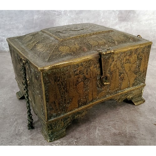 78 - A 19th century Persian casket, profusely chased with mythical beasts, Kings and Queens (shāhanshāh) ... 