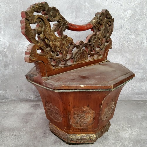 79 - An unusual cinnabar lacquered Chinese rice basket, with Dog Of Fo and blossoming carved carrying han... 