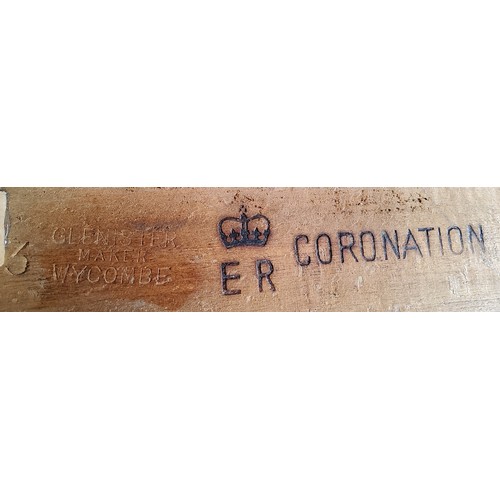 7A - A Queen Elizabeth II Coronation limed oak stool, original upholstery & gold braiding, stamped wi... 