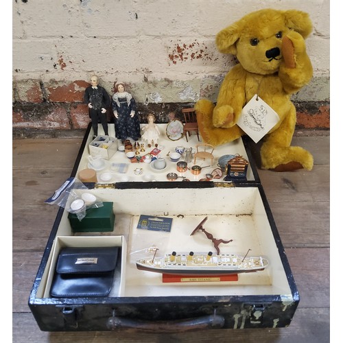 285 - A Snugglesome jointed bear; dolls house accessories including copper pans, ceramics, brass candlesti... 