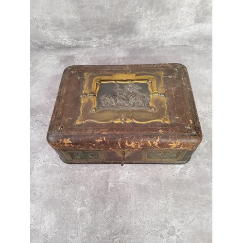 122 - A 19th century French leather jewellery box inset with Neo Classical putti riding on a lion pressed ... 