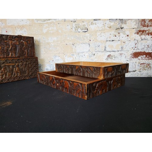 130 - Tribal - two hand carved African boxes with hinged lids, two carved trays with two small original oi... 