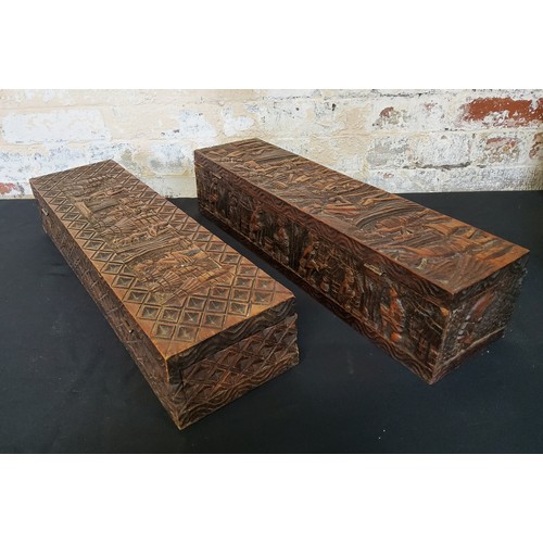 130 - Tribal - two hand carved African boxes with hinged lids, two carved trays with two small original oi... 