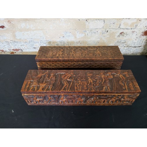 130 - Tribal - two hand carved African boxes with hinged lids, two carved trays with two small original oi... 