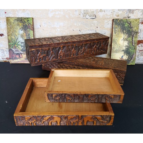 130 - Tribal - two hand carved African boxes with hinged lids, two carved trays with two small original oi... 