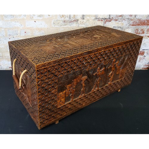 133 - Tribal - Large hand carved chest with hinged lid, carvings to top and all sidesHeight 42.5cm x width... 