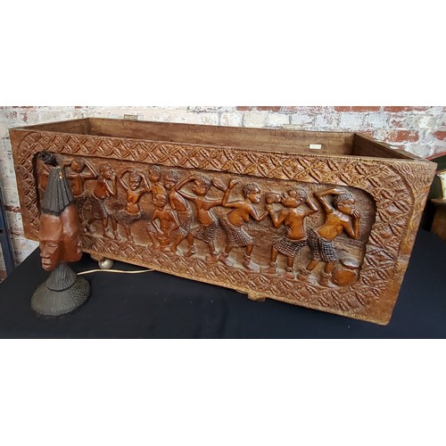 135 - Tribal Carvings, large carved chest and desk lamp - African Republic of Congo carvings, including, s... 