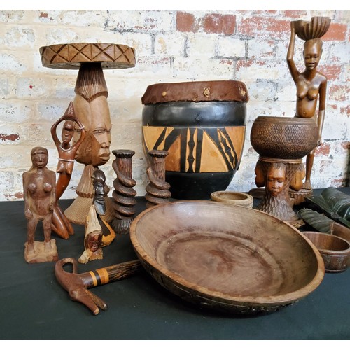 135 - Tribal Carvings, large carved chest and desk lamp - African Republic of Congo carvings, including, s... 