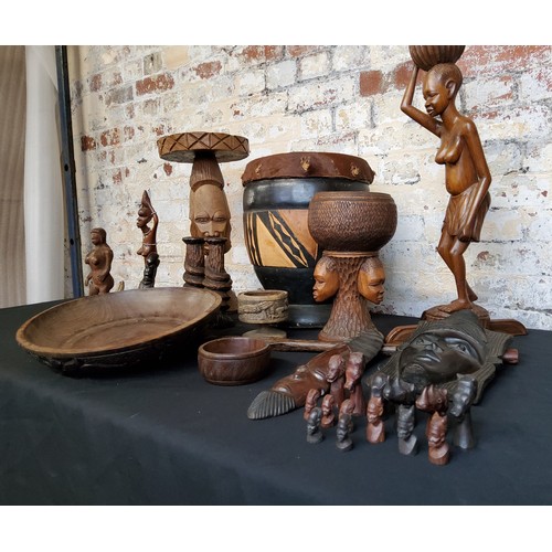 135 - Tribal Carvings, large carved chest and desk lamp - African Republic of Congo carvings, including, s... 