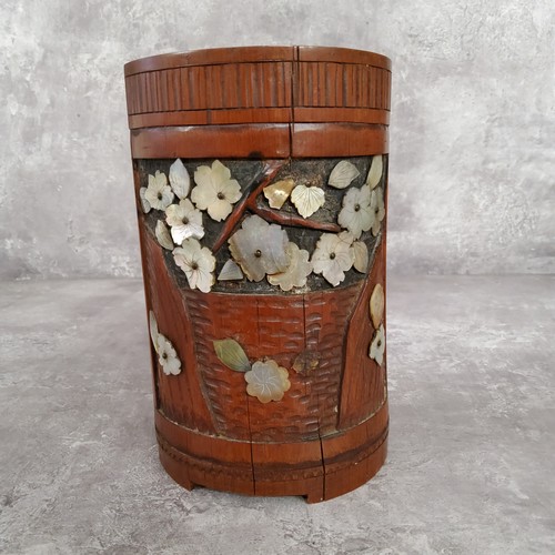 145 - A Chinese bamboo brush pot, Bitong, decorated with mother of pearl and bone applied elder amongst a ... 