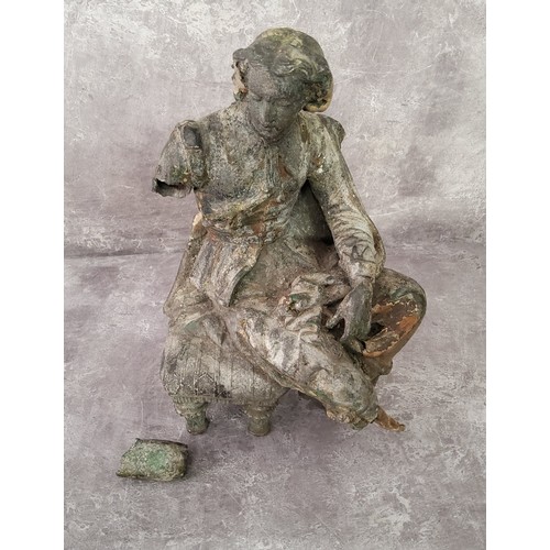 153 - An early 19th century French classical figure fragment, he sits 28cm tall on a stool (AF)