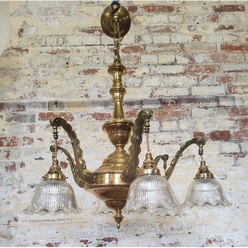 167 - A Victorian brass 6 branch chandelier with hanging glass shadesDimensions: height 75cm x dia 75cm ( ... 