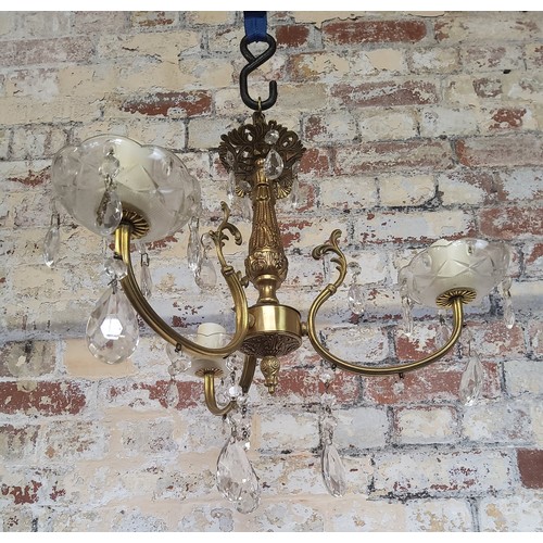 171 - A 3-branch crystal drop and brass chandelierHeight 40cm x dia 40cm