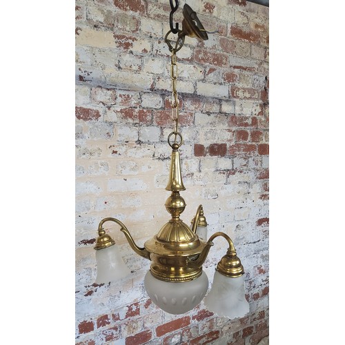 172 - A 19th century French three branch brass chandelierHeight 61cm x dia 50cm, (total height with chain ... 